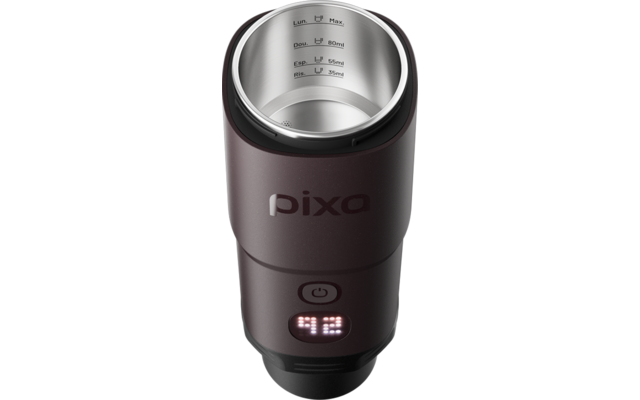 Appareil cylindrique brun rouge foncé avec intérieur en acier inoxydable visible et graduations, logo "pixa", bouton d'alimentation et petit affichage LED numérique