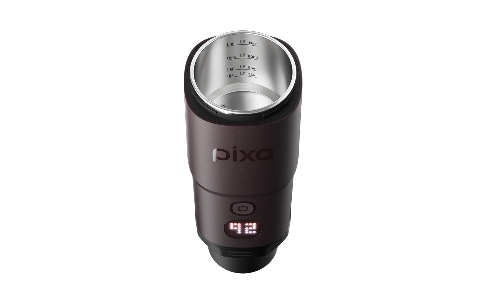 Appareil cylindrique brun rouge foncé avec intérieur en acier inoxydable visible et graduations, logo "pixa", bouton d'alimentation et petit affichage LED numérique