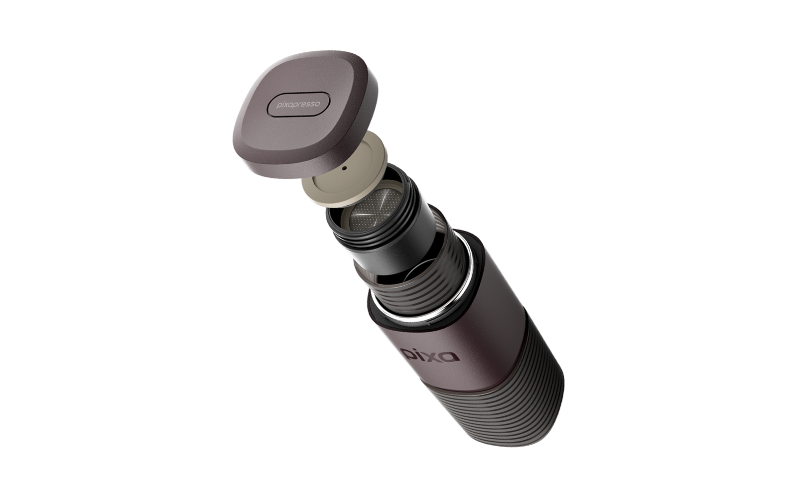 Contenant métallique cylindrique gris-violet foncé à surface nervurée ; partie supérieure ouverte montrant des éléments amovibles empilés, dont un filtre métallique fin et un couvercle détachable avec logo