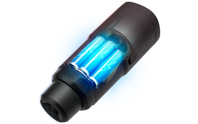 Appareil cylindrique noir avec une fenêtre transparente montrant deux tubes bleus lumineux avec des symboles d'éclair blancs ; cercle bleu en arrière-plan