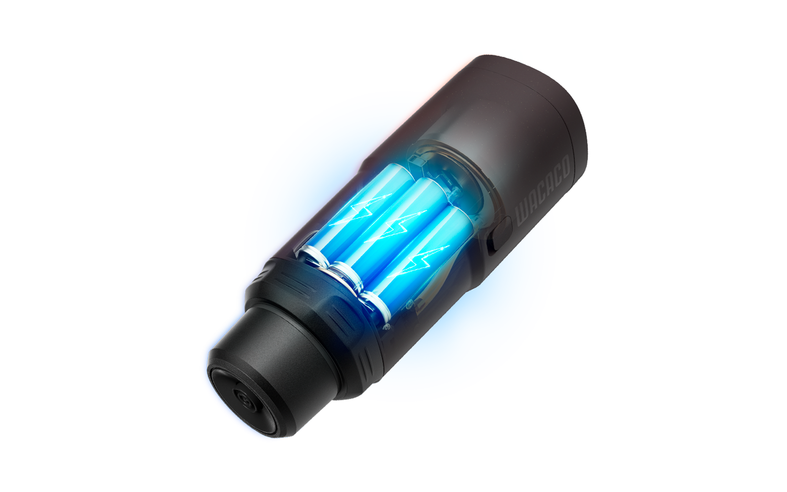 Appareil cylindrique noir avec une fenêtre transparente montrant deux tubes bleus lumineux avec des symboles d'éclair blancs ; cercle bleu en arrière-plan