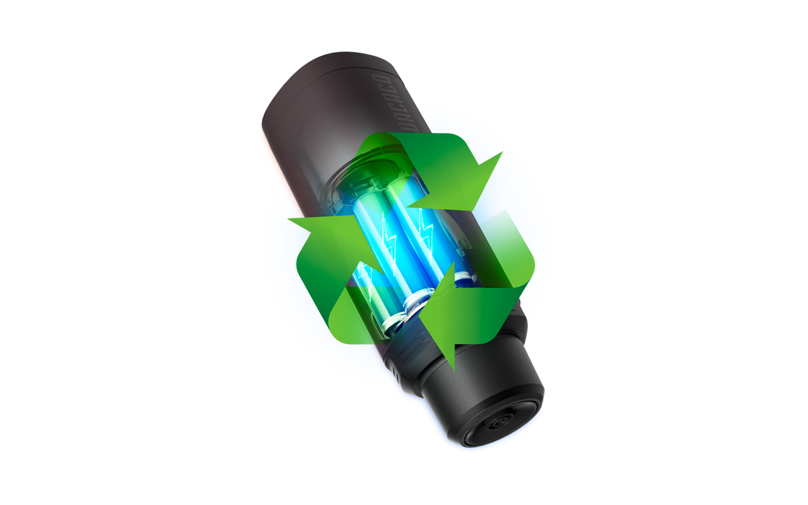 Batterie cylindrique transparente montrant des cellules internes avec une lueur bleue, surmontée de trois flèches vertes formant un triangle, fond circulaire bleu