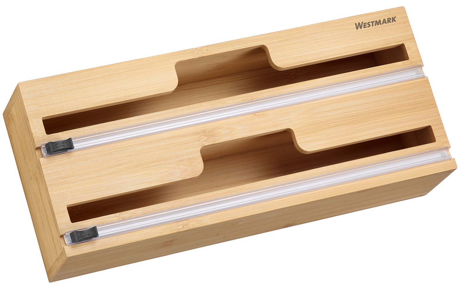 Bloque rectangular de madera con dos largas ranuras horizontales, cada una con una muesca semicircular para el dedo, dos guías transparentes con topes negros, logotipo "Westmark" arriba a la derecha