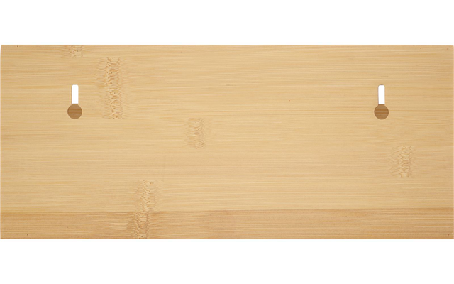 Tabla rectangular de madera clara con vetas visibles y dos recortes en forma de ojo de cerradura a lo largo del borde superior