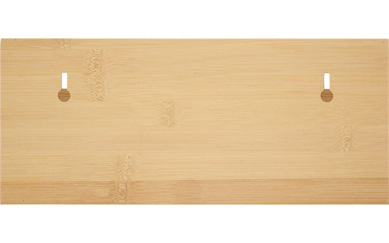 Tabla rectangular de madera clara con vetas visibles y dos recortes en forma de ojo de cerradura a lo largo del borde superior
