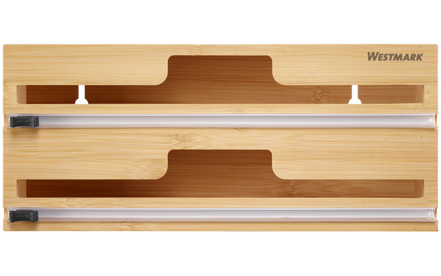 Tabla de bambú con dos hendiduras rectangulares largas, dos tiras metálicas plateadas con extremos negros y la marca "Westmark" arriba a la derecha