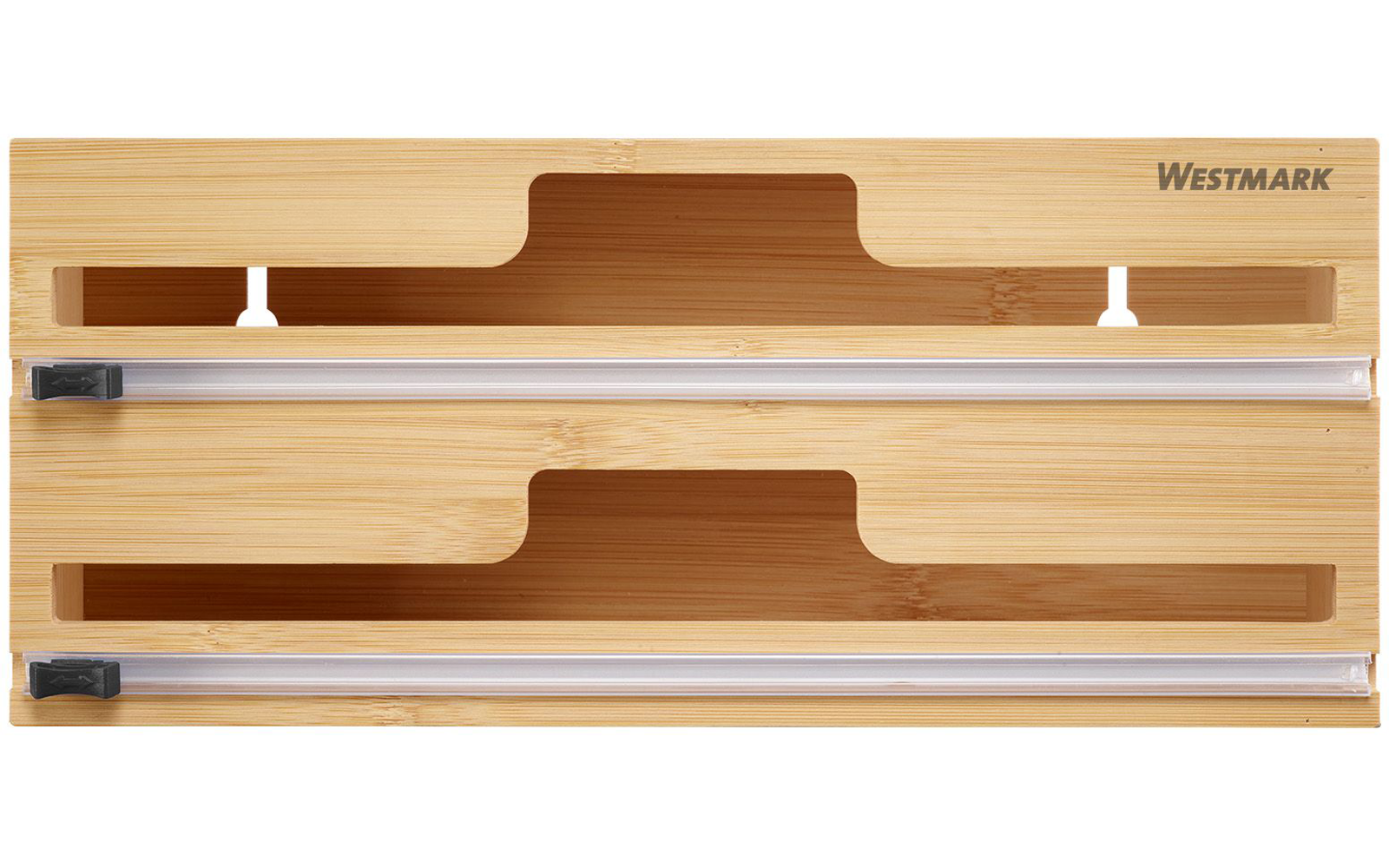 Tabla de bambú con dos hendiduras rectangulares largas, dos tiras metálicas plateadas con extremos negros y la marca "Westmark" arriba a la derecha