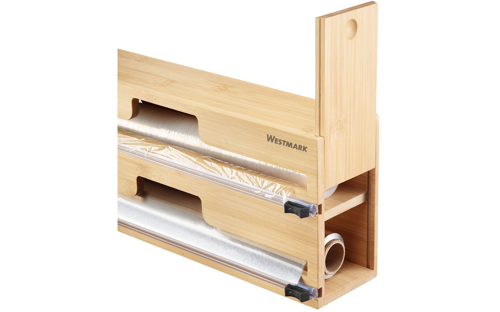 Soporte de bambú con dos rollos: un rollo de aluminio brillante, un rollo de plástico transparente, dos deslizadores negros, inscripción 'Westmark'