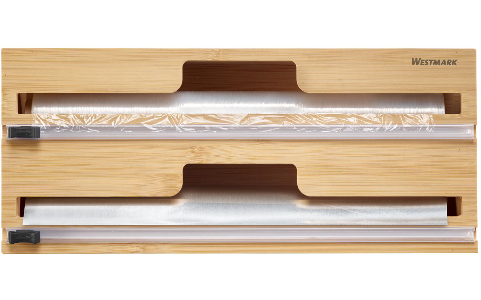 Inserto de madera con dos dispensadores de rollos: arriba film transparente, abajo papel de aluminio; hojas metálicas de corte; marca 'Westmark' arriba a la derecha