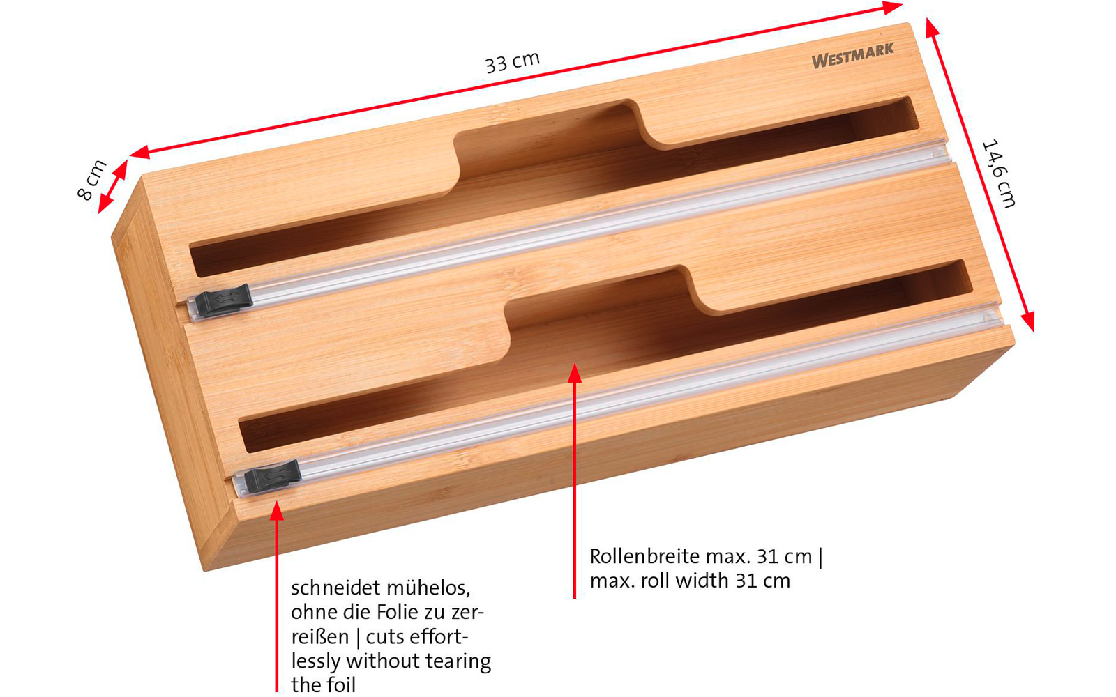 Vista superior de un bloque rectangular de madera clara con dos ranuras largas; en cada ranura una guía metálica plateada y un deslizador negro; flechas rojas con medidas '33 cm', '14.6 cm', '8 cm' y etiquetas cortas en alemán e inglés
