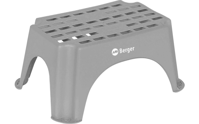 Grauer Plastiktritt mit rechteckigen Löchern und vier Beinen