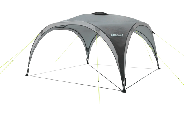 Graues Faltzelt mit vier Bögen und gelben Spannseilen