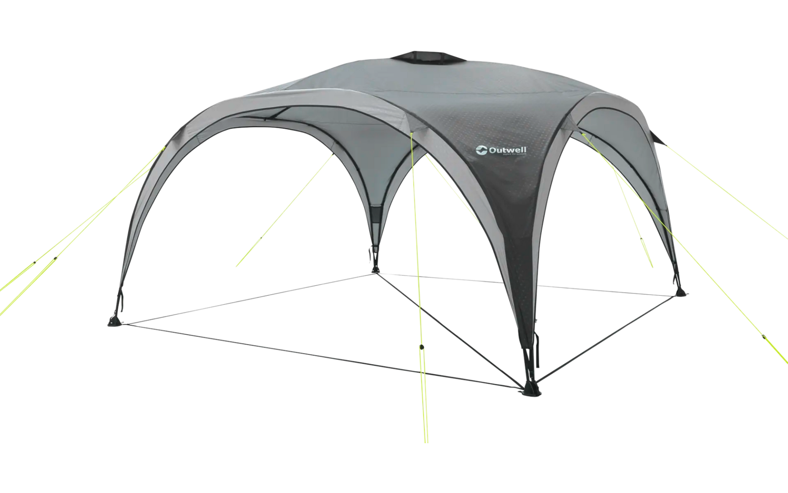 Graues Faltzelt mit vier Bögen und gelben Spannseilen