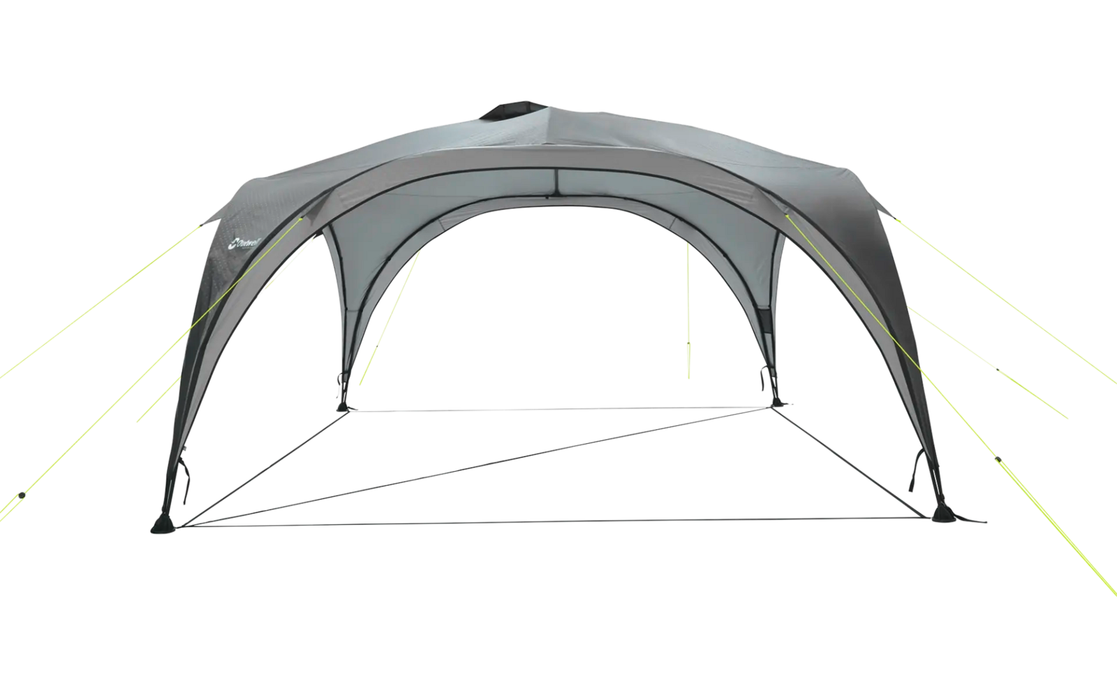 Graues grosses Zelt mit offenem Eingang und gelben Abspannleinen