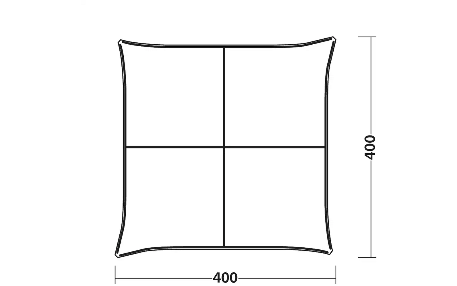 Quadratisches Objekt mit leicht gewölbten Seiten und zwei sich kreuzenden Linien in der Mitte, Maße 400 mal 400
