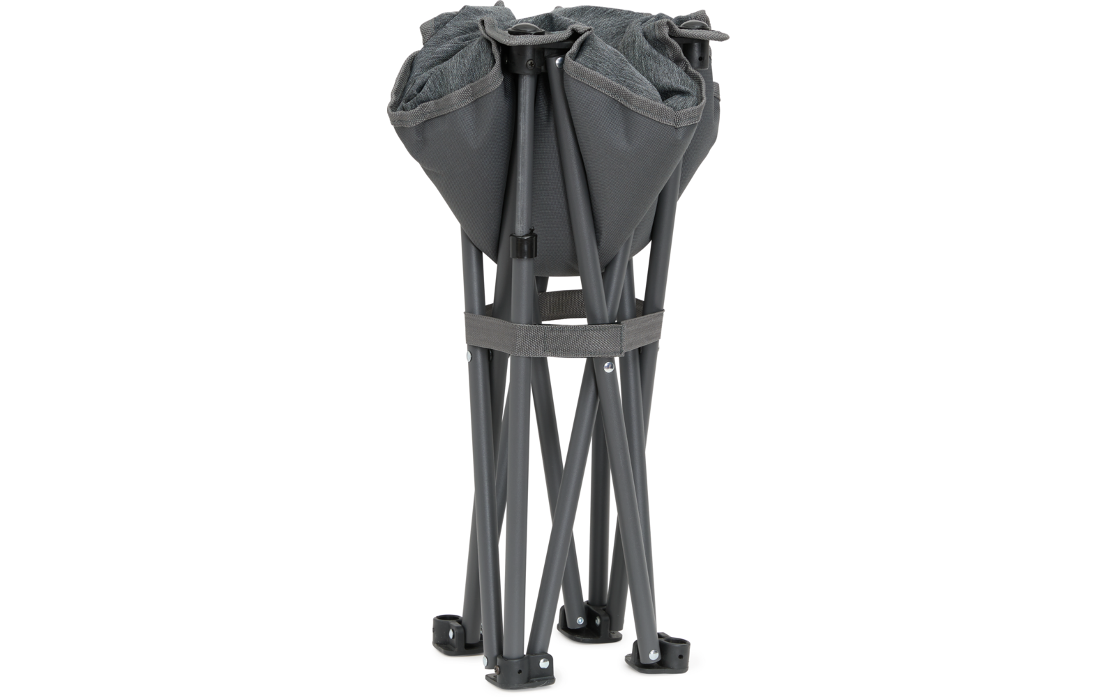 Zusammengefaltener schwarzer Klappstuhl aus Stoff und Metall