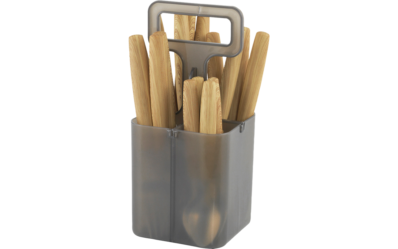 Verschillende houten keukengerei in een doorzichtige bak