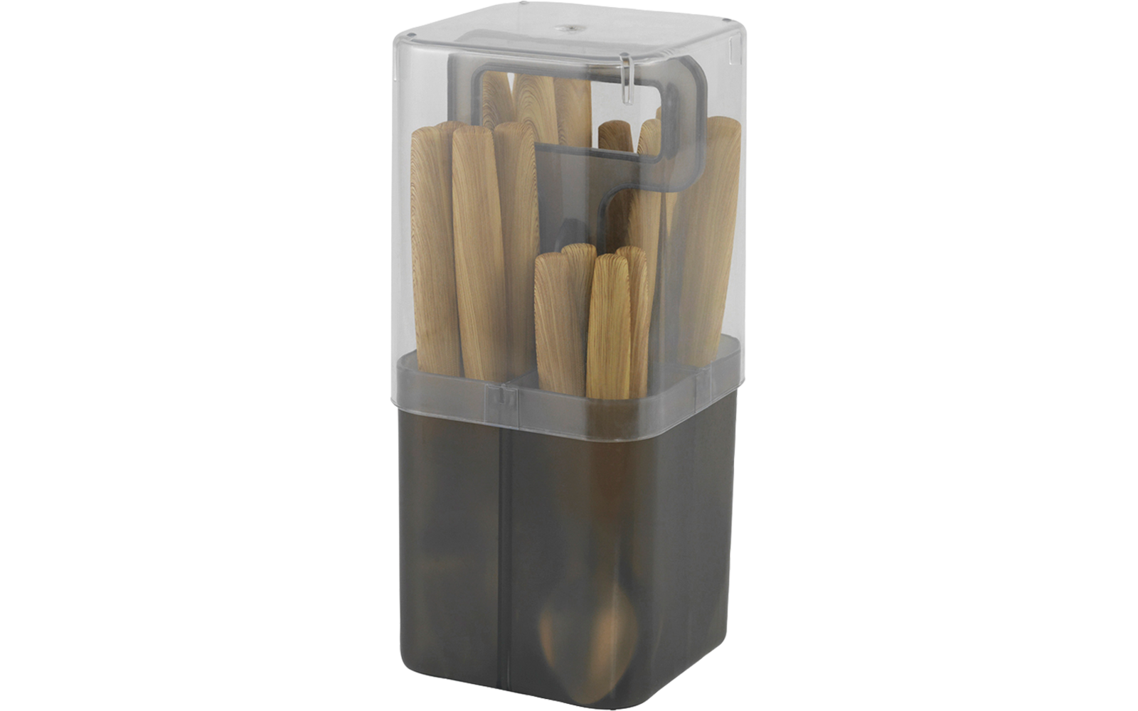 Doorzichtige houder met bruine houten stokjes en zwarte plastic onderdelen