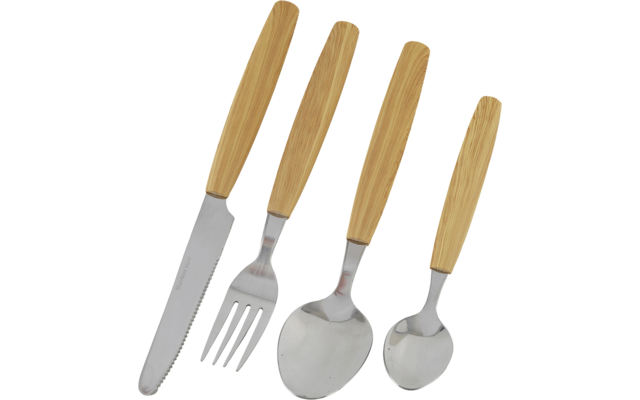 Bestek met houten handvatten bestaande uit mes, vork, eetlepel en theelepel