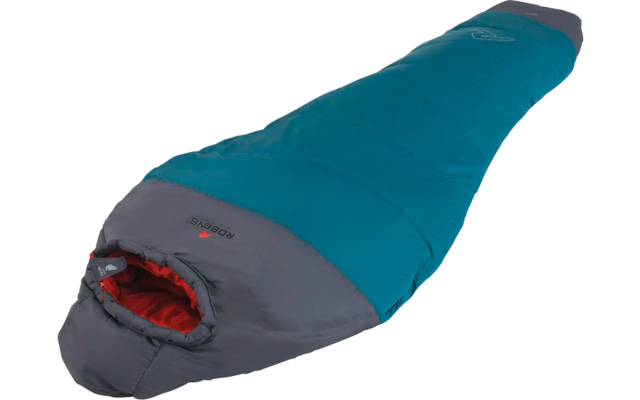 Sac de couchage bleu et gris avec fermeture éclair ouverte sur fond blanc