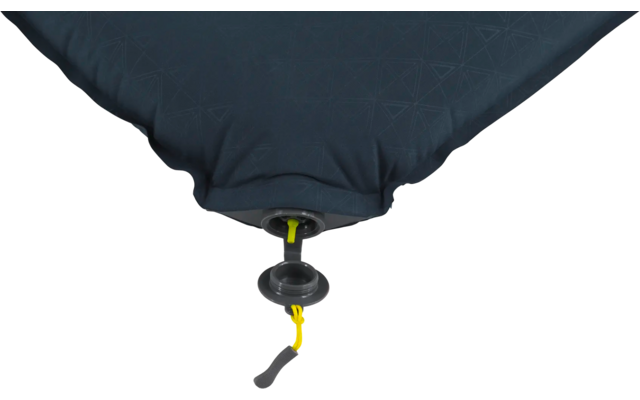 Close-up van een blauw opgeblazen kussen met een klep en geel trekkoord