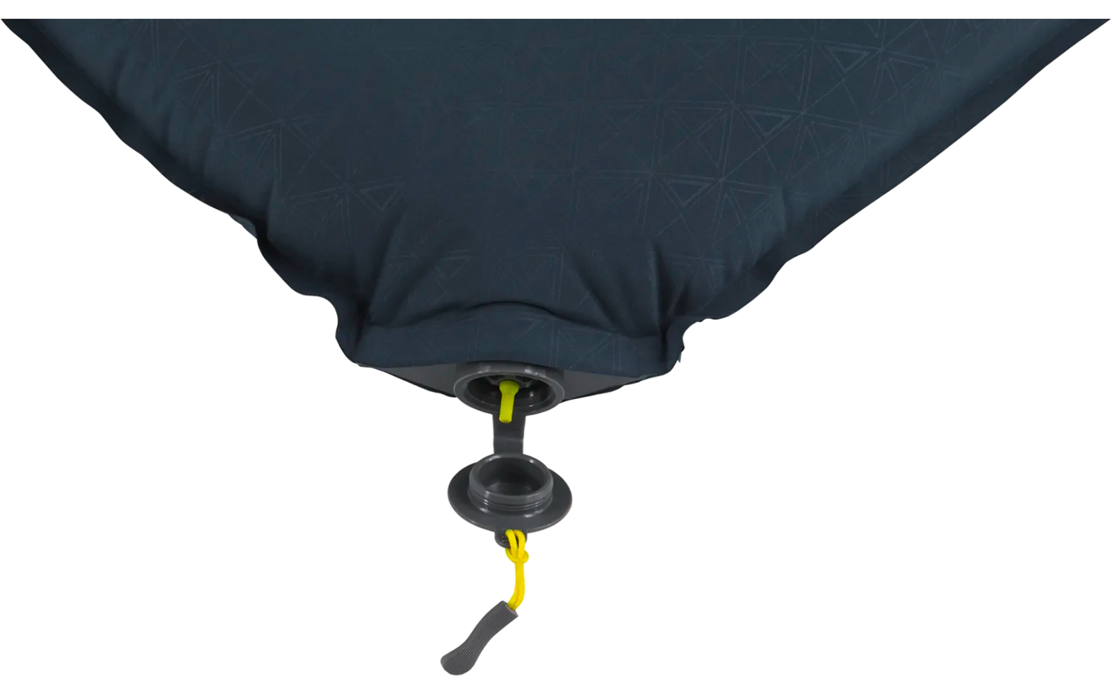 Close-up van een blauw opgeblazen kussen met een klep en geel trekkoord