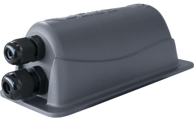 Graues, rechteckiges Objekt mit abgerundeter Oberseite; an einem schmalen Ende zwei schwarze, zylindrische Elemente nebeneinander; weißer Hintergrund