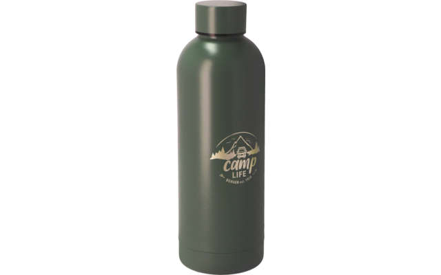 Bouteille d'eau verte avec bouchon gris et logo blanc