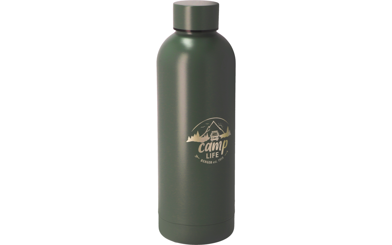 Bouteille d'eau verte avec bouchon gris et logo blanc