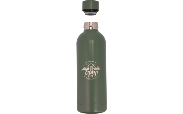 Bouteille d'eau verte avec bouchon gris et logo marron