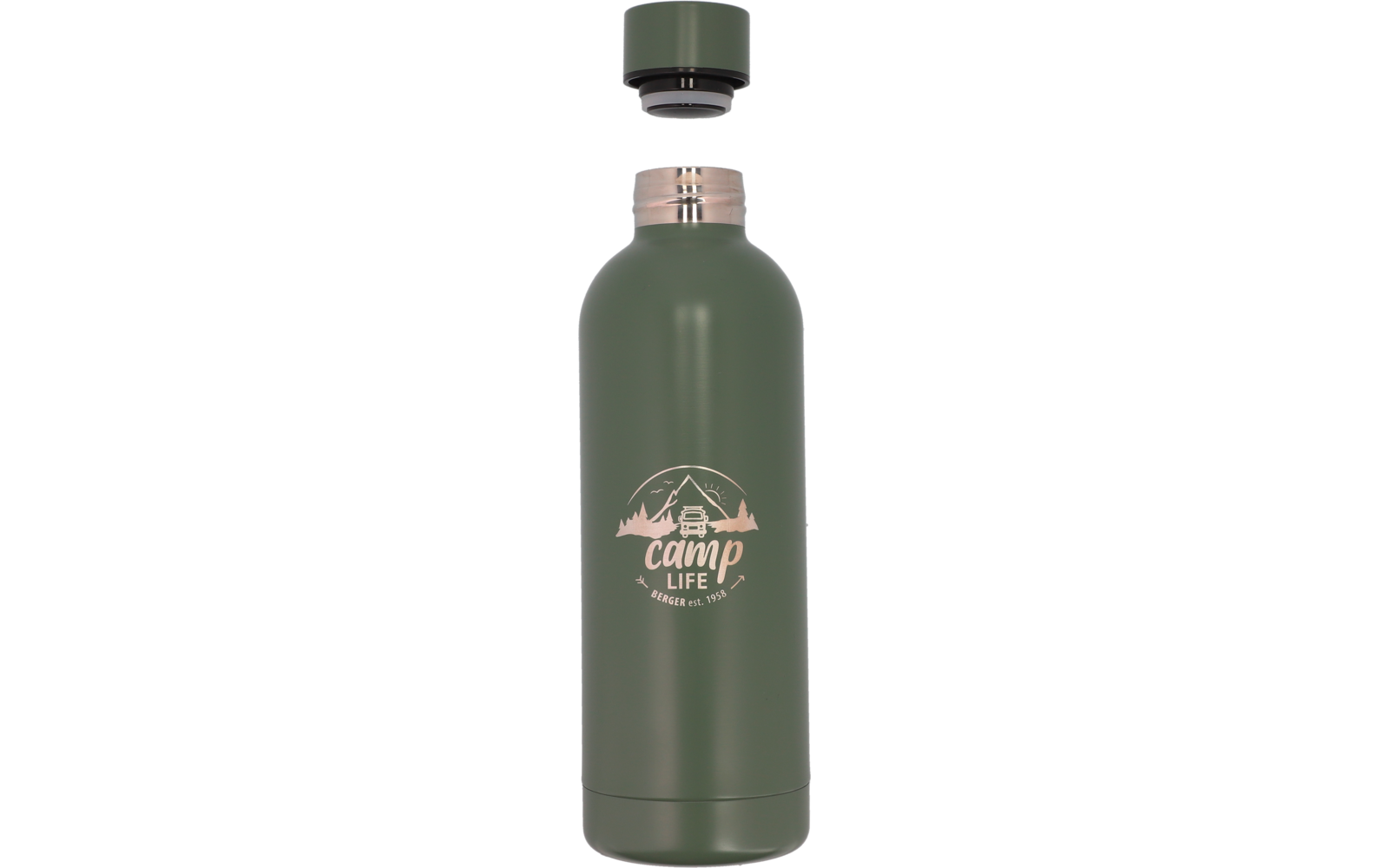Bouteille d'eau verte avec bouchon gris et logo marron
