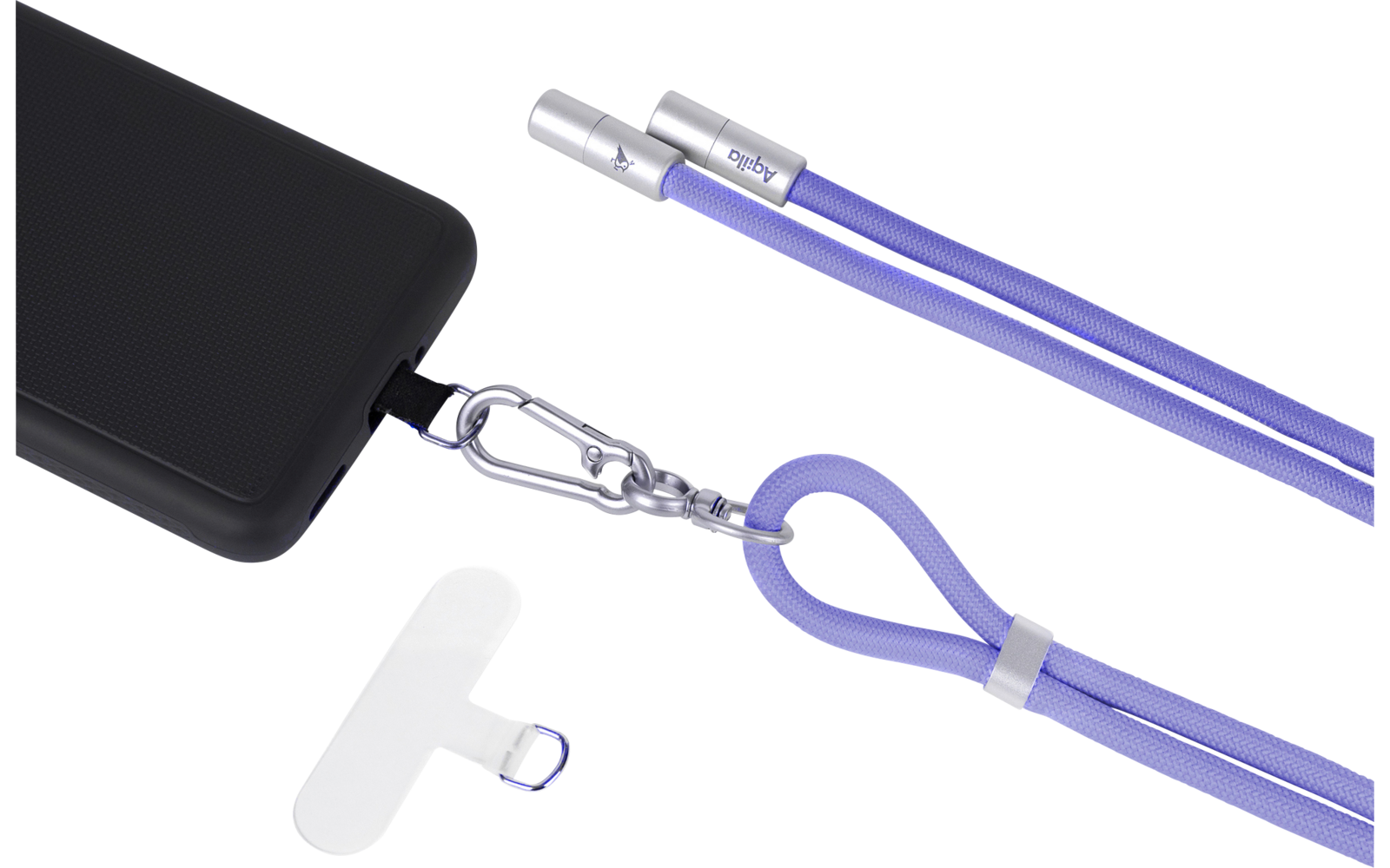 Schwarze Handyhülle mit angebrachtem violettem Trageband und Karabiner, transparentes Klebepad und gelbes "Aqila"-Logo auf weißem Hintergrund