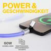 Geflochtenes violettes Kabel mit magnetischem Stecker, angeschlossen an ein schwarzes Smartphone auf weißem Hintergrund; Display zeigt grünen Lade-Kreis; gelbe Überschrift "POWER & GESCHWINDIGKEIT" und graue Symbole mit den Texten "60W SCHNELLADEN" u
