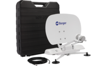 Weiße Satellitenschüssel mit Berger-Logo, Kabel und schwarzem Tragekoffer