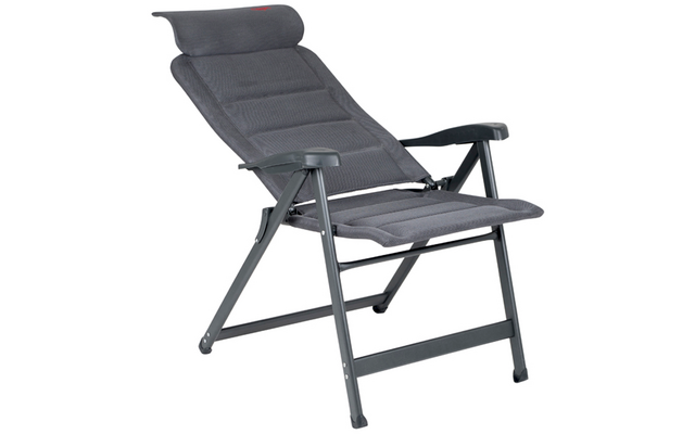 Grauer klappbarer Stuhl mit gepolsterter Sitzfläche, Nackenrolle, Metallgestell und Armlehnen