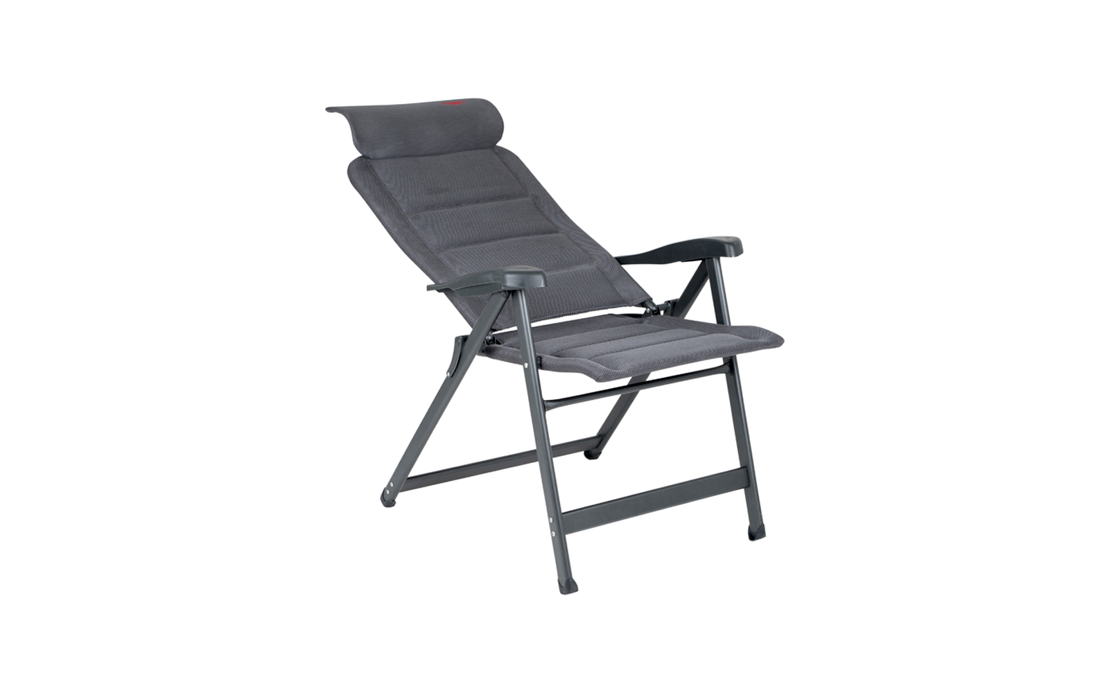 Grauer klappbarer Stuhl mit gepolsterter Sitzfläche, Nackenrolle, Metallgestell und Armlehnen