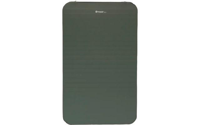 Groene opblaasbare slaapmat met afgeronde hoeken en een wit logo bovenaan in het midden