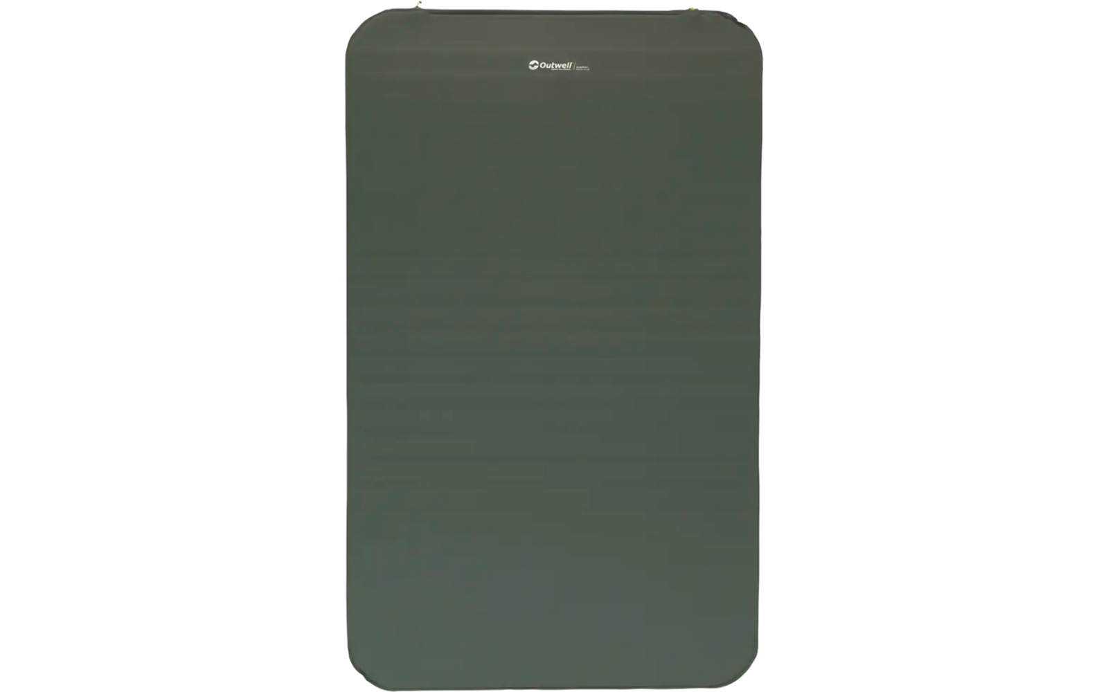 Groene opblaasbare slaapmat met afgeronde hoeken en een wit logo bovenaan in het midden