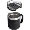 Schwarzer Reisebecher mit Henkel, Edelstahlrand und abnehmbarem transparentem Deckel mit Schiebemechanismus