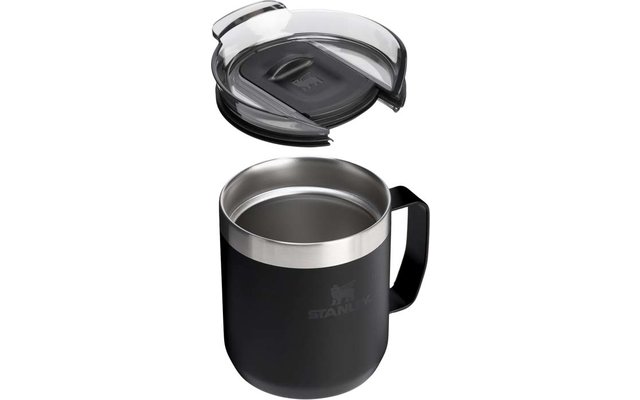 Schwarzer Reisebecher mit Henkel, Edelstahlrand und abnehmbarem transparentem Deckel mit Schiebemechanismus