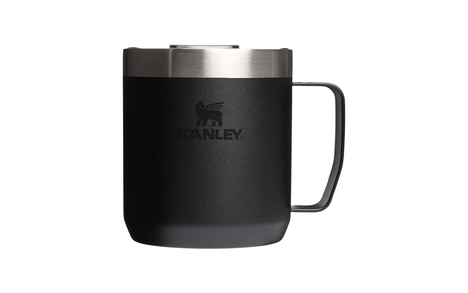 Zwarte beker met handvat, zilverkleurige rand bovenaan, Stanley-logo op de voorkant