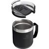 Zwarte reisbeker met handvat, roestvrijstalen rand en afneembaar transparant deksel met schuifsluiting