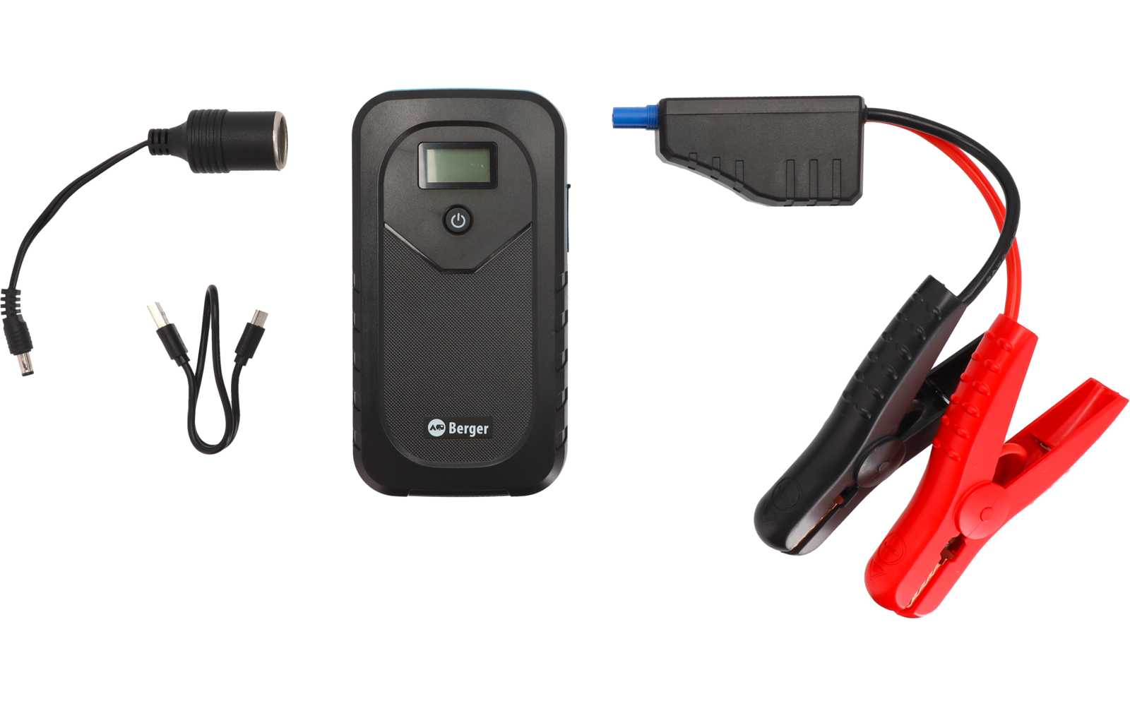 Schwarzes Batterieladegerät mit Anschlusskabeln und Clips