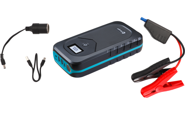 Schwarzes Batterieladegerät mit Anschlusskabeln und Clips