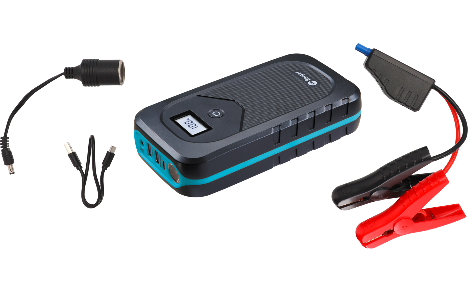 Schwarzes Batterieladegerät mit Anschlusskabeln und Clips