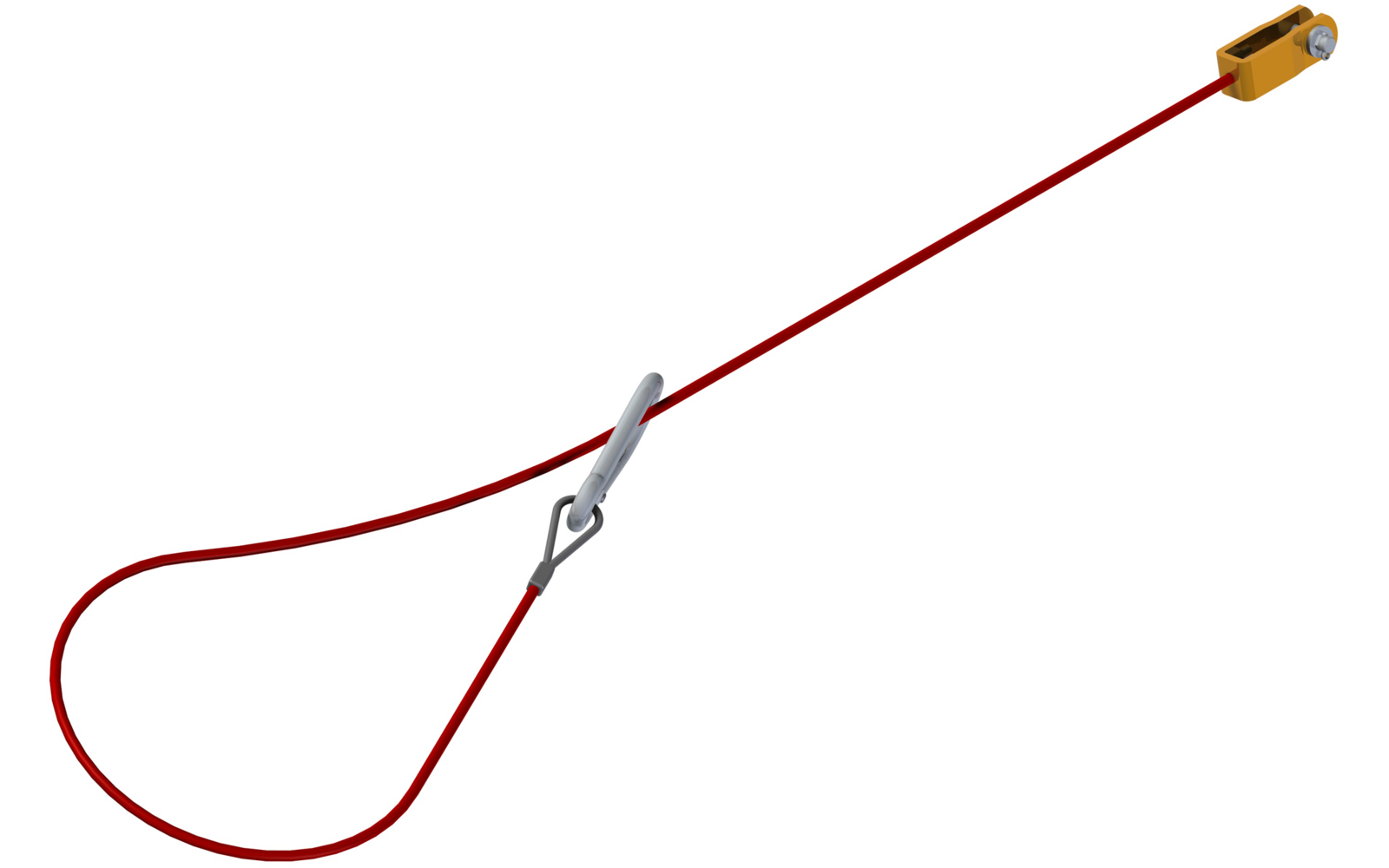 Rotes Sicherheitsseil mit einer Metallkarabinerhaken und einem goldfarbenen Endstück