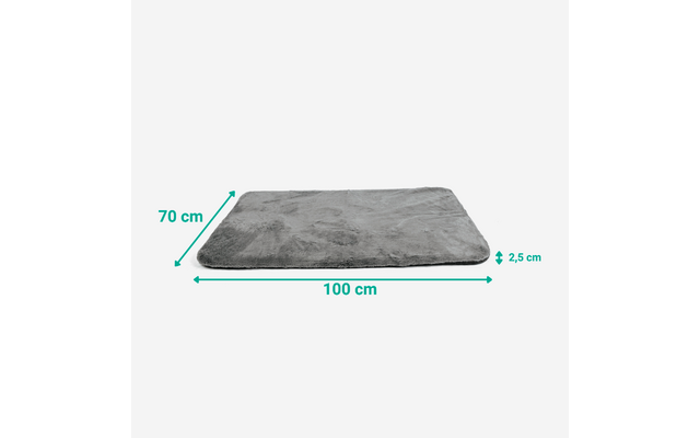 Grau rechteckige flauschige Matte auf weißem Hintergrund mit grünen Maßpfeilen und Beschriftung 100 cm (Breite), 70 cm (Tiefe) und 2,5 cm (Dicke)