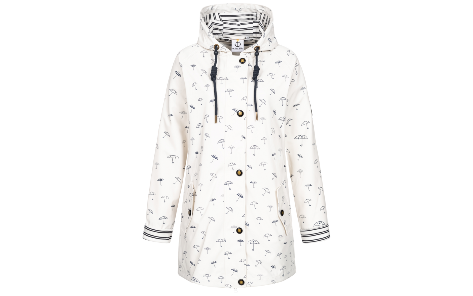 Witte regenjas met capuchon en donkerblauw parapluprint, knoopsluiting, gestreepte capuchonvoering, donkerblauwe koorden en zakken