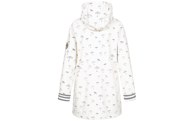 Achteraanzicht van een witte regenjas met capuchon, donkerblauwe paraplu-patronen, gestreepte boorden en een rond mouwembleem