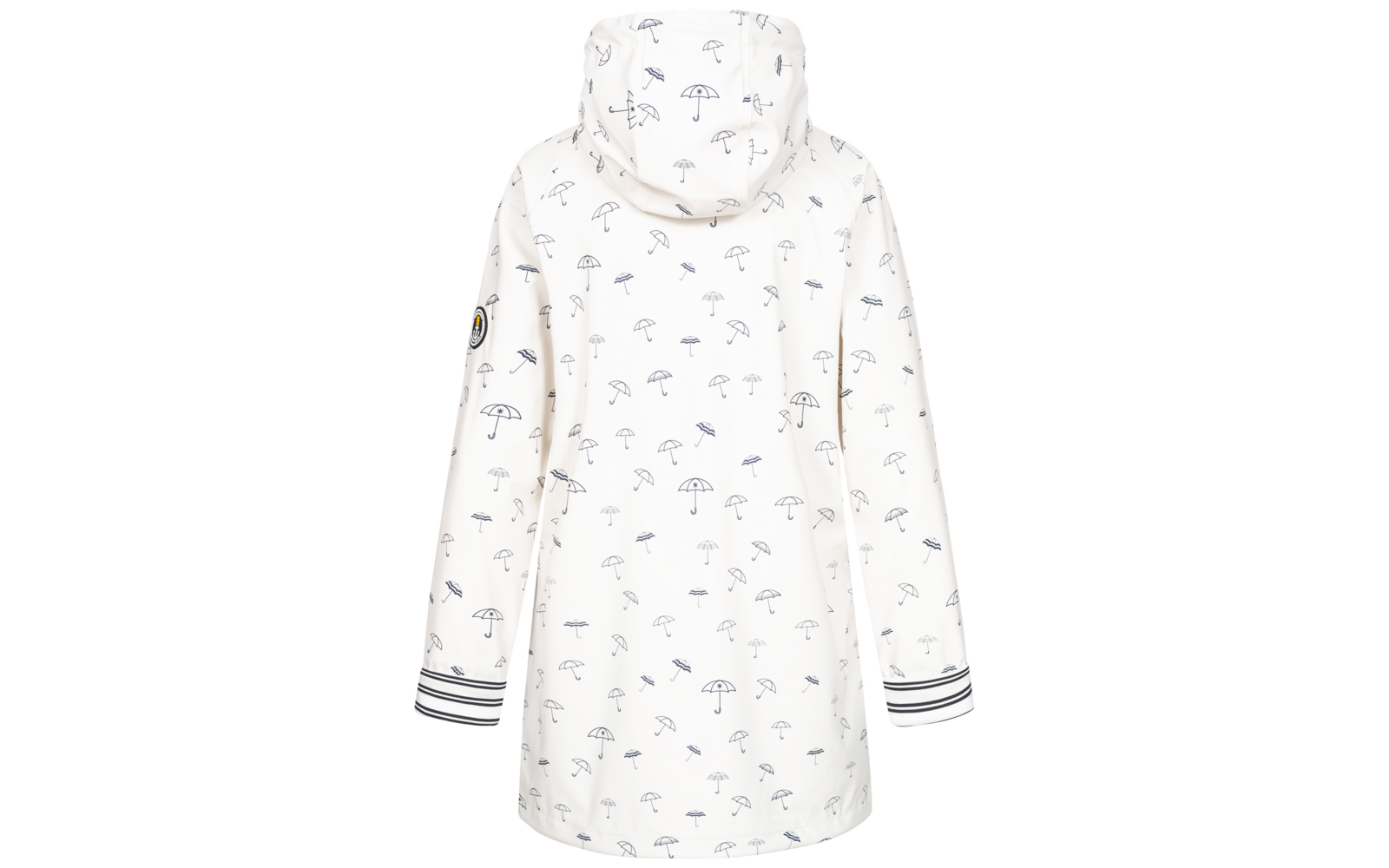 Achteraanzicht van een witte regenjas met capuchon, donkerblauwe paraplu-patronen, gestreepte boorden en een rond mouwembleem